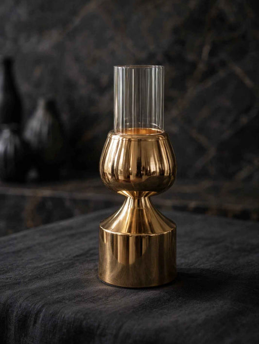 GOLD GLASS HURRICANE CANDLE HOLDER