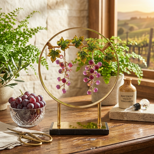 Luxury Gold Grapevine Metal Sculpture with Enamel Grapes