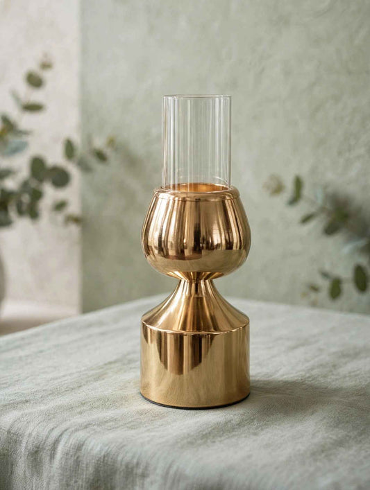 GOLD GLASS HURRICANE CANDLE HOLDER