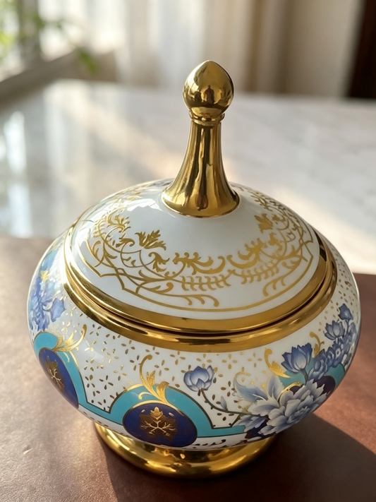 ROYAL AZURE BLOOM - LUXURY PORCELAIN CANDY JAR WITH LID - Home Decor Pakistan  | Decor Lounge pk