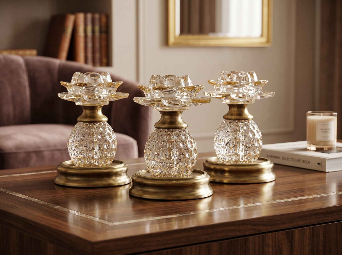 Crystal Lotus Candle Holder with Brass Base