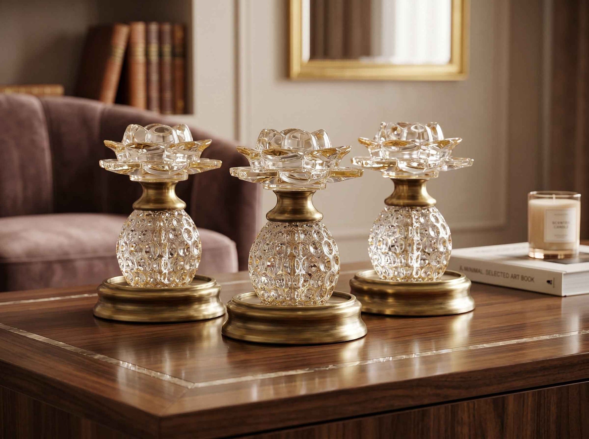 Crystal Lotus Candle Holder with Brass Base