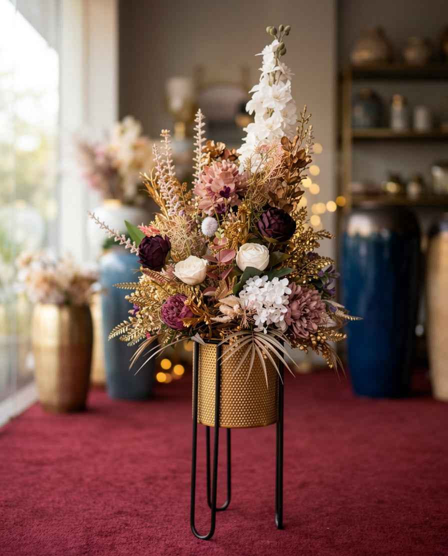 Luxurious Floral Arrangement in Gold Mesh Planter