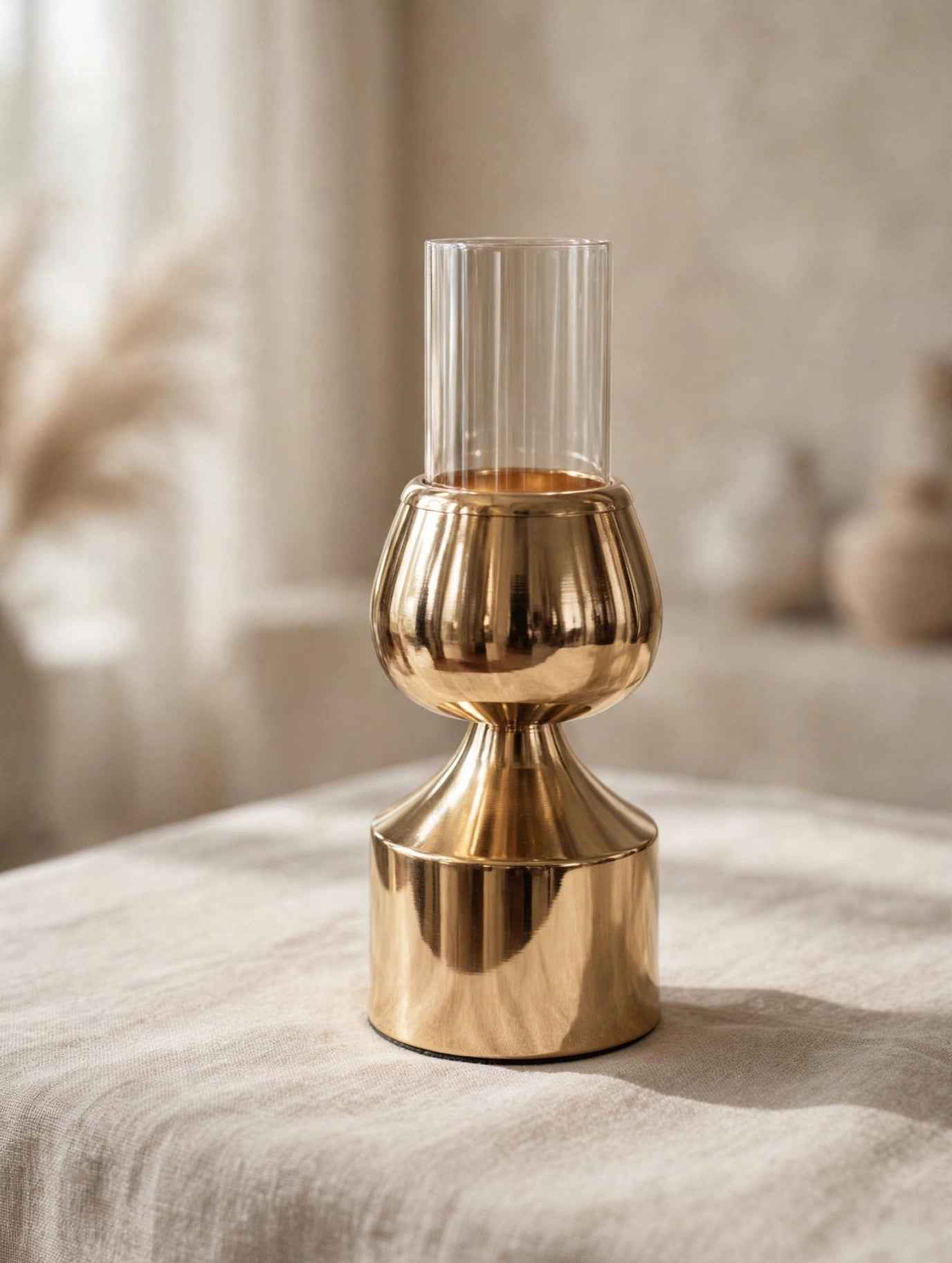 GOLD GLASS HURRICANE CANDLE HOLDER