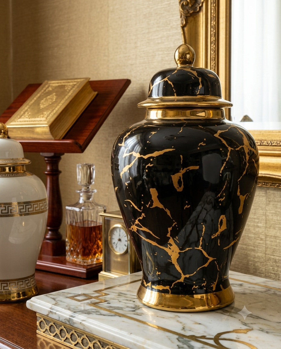 Black and Gold Marble Ceramic Ginger Jar - Decorative Home Vase