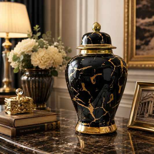 Black and Gold Marble Ceramic Ginger Jar - Decorative Home Vase - Home Decor Pakistan  | Decor Lounge pk