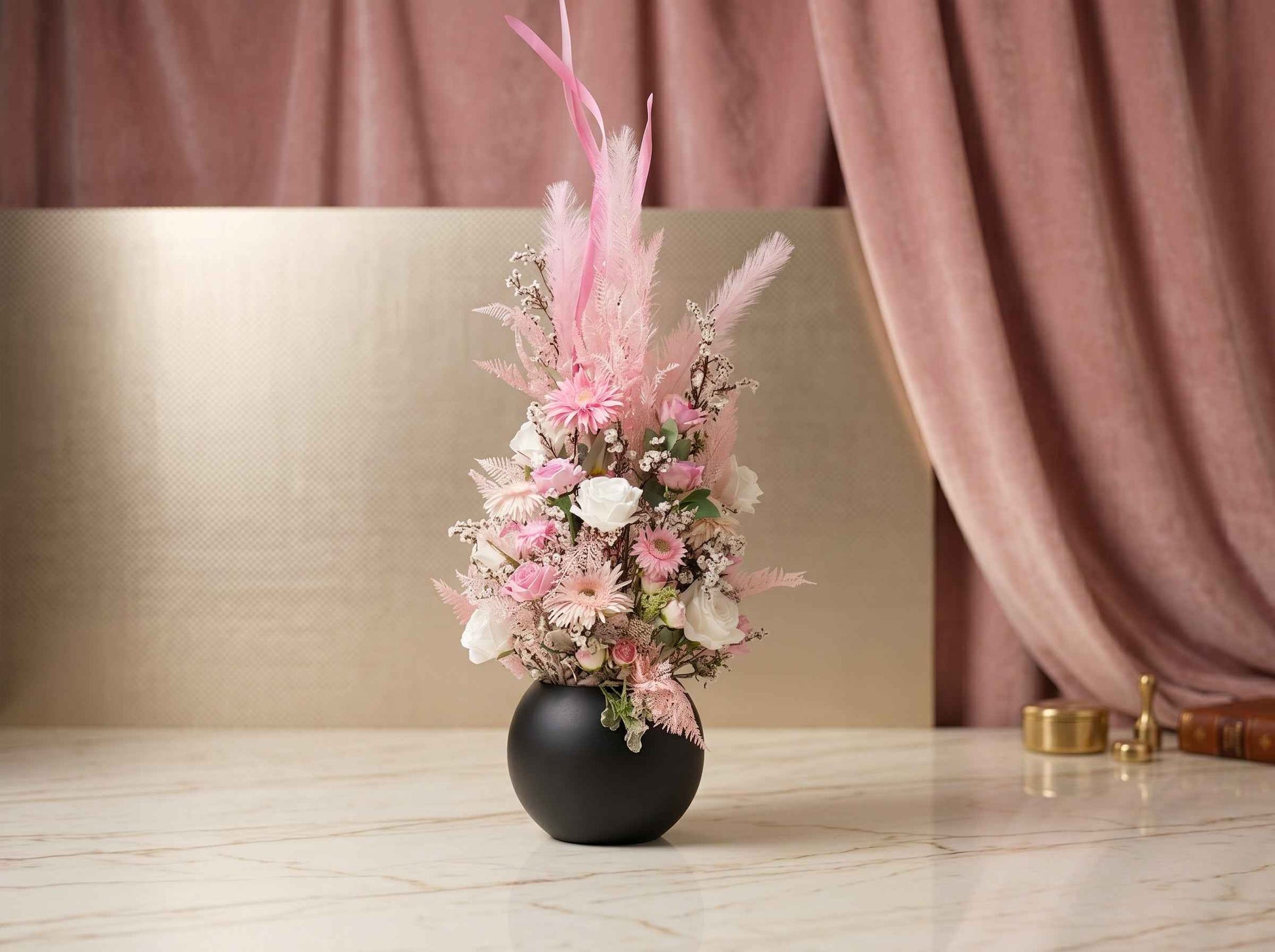 Blush Pink Dried Pampas Grass & Artificial Flower Arrangement - Modern High-Gloss Vase