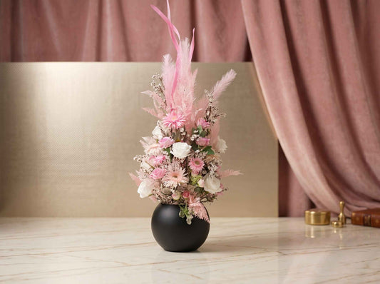Blush Pink Dried Pampas Grass & Artificial Flower Arrangement - Modern High-Gloss Vase