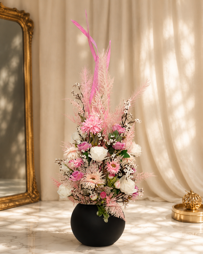 Blush Pink Dried Pampas Grass & Artificial Flower Arrangement - Modern High-Gloss Vase - Home Decor Pakistan  | Decor Lounge pk