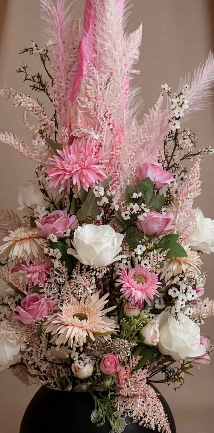 Blush Pink Dried Pampas Grass & Artificial Flower Arrangement - Modern High-Gloss Vase