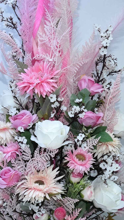 Blush Pink Dried Pampas Grass & Artificial Flower Arrangement - Modern High-Gloss Vase