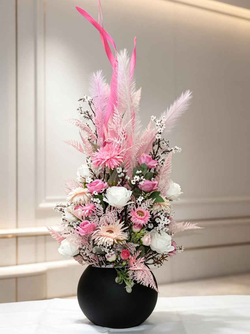 Blush Pink Dried Pampas Grass & Artificial Flower Arrangement - Modern High-Gloss Vase