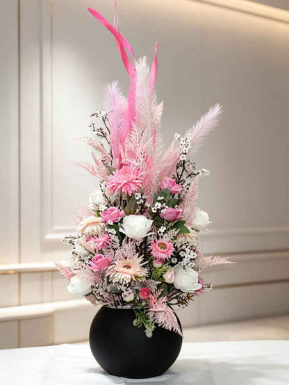 Blush Pink Dried Pampas Grass & Artificial Flower Arrangement - Modern High-Gloss Vase