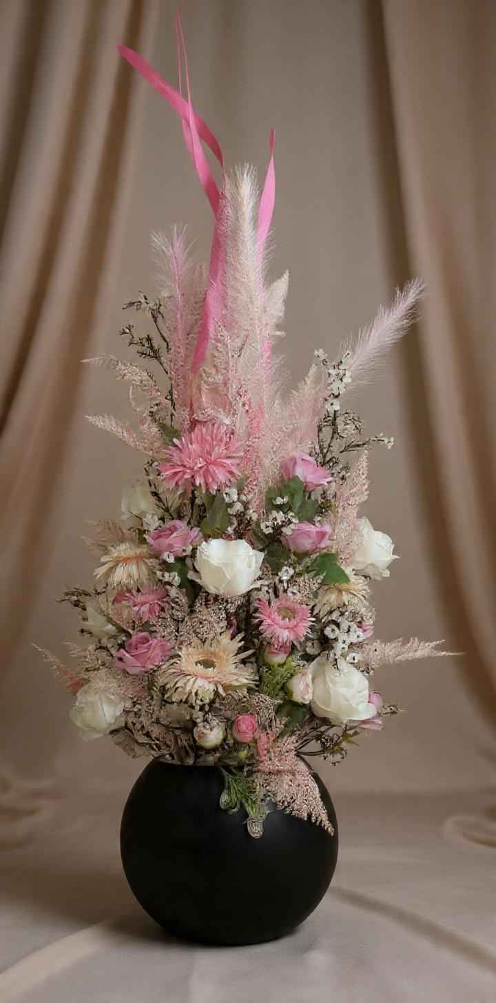 Blush Pink Dried Pampas Grass & Artificial Flower Arrangement - Modern High-Gloss Vase