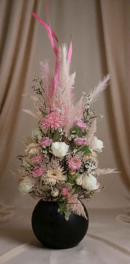 Blush Pink Dried Pampas Grass & Artificial Flower Arrangement - Modern High-Gloss Vase