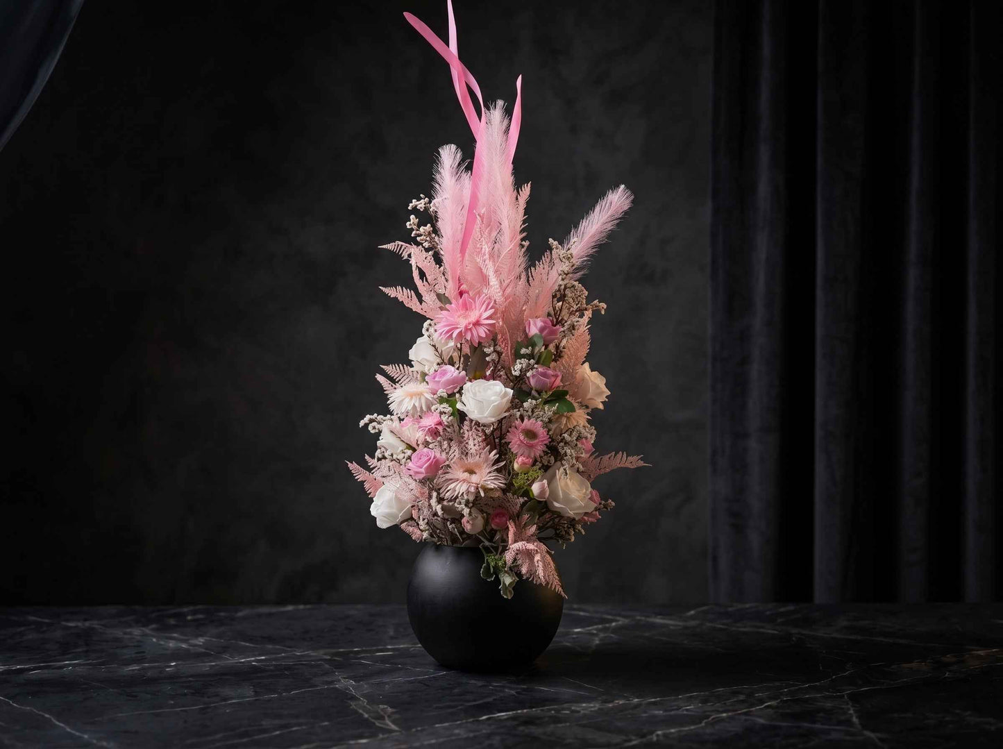 Blush Pink Dried Pampas Grass & Artificial Flower Arrangement - Modern High-Gloss Vase