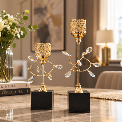 Celestia Crystal & Gold Filigree Candle Holder Set
