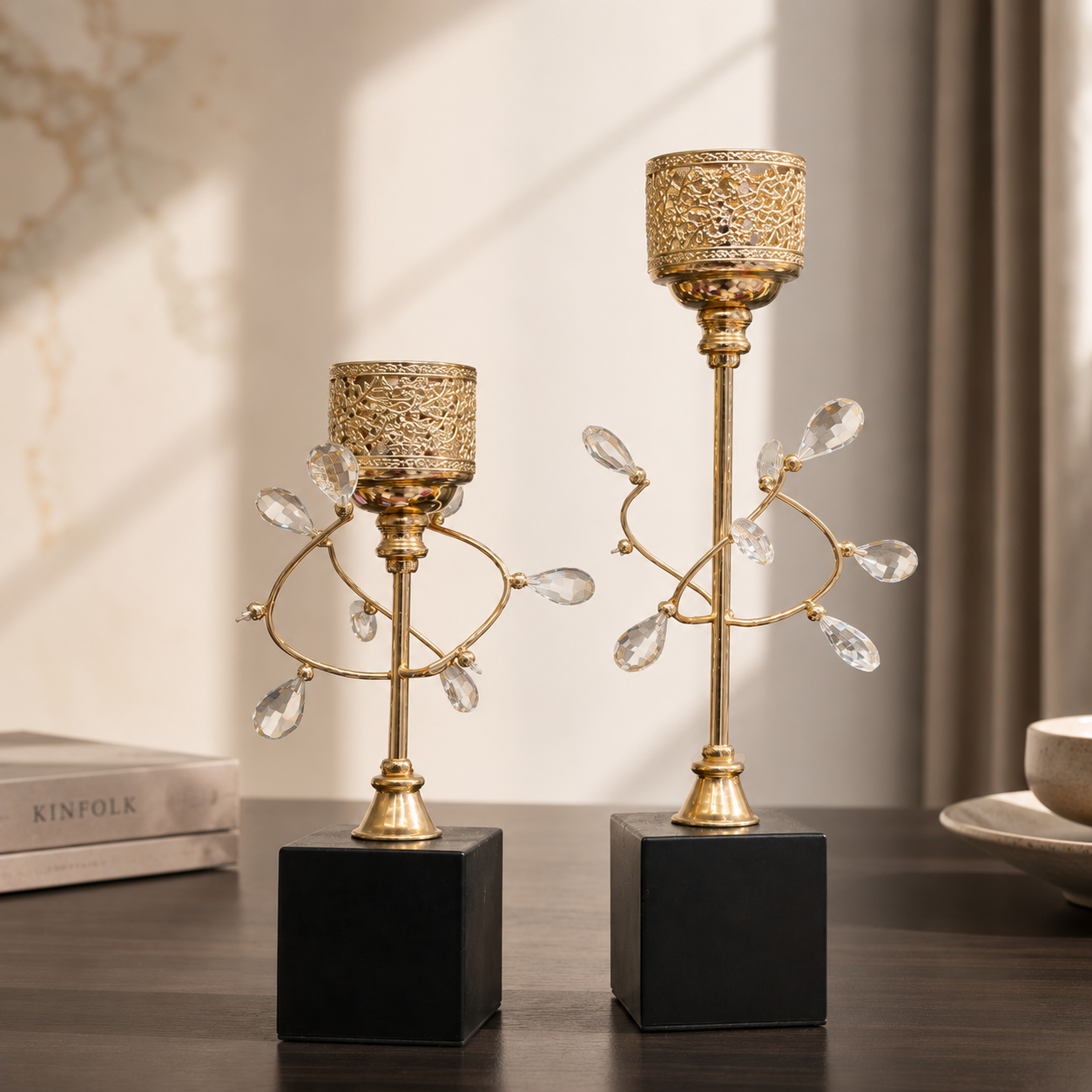 Celestia Crystal & Gold Filigree Candle Holder Set