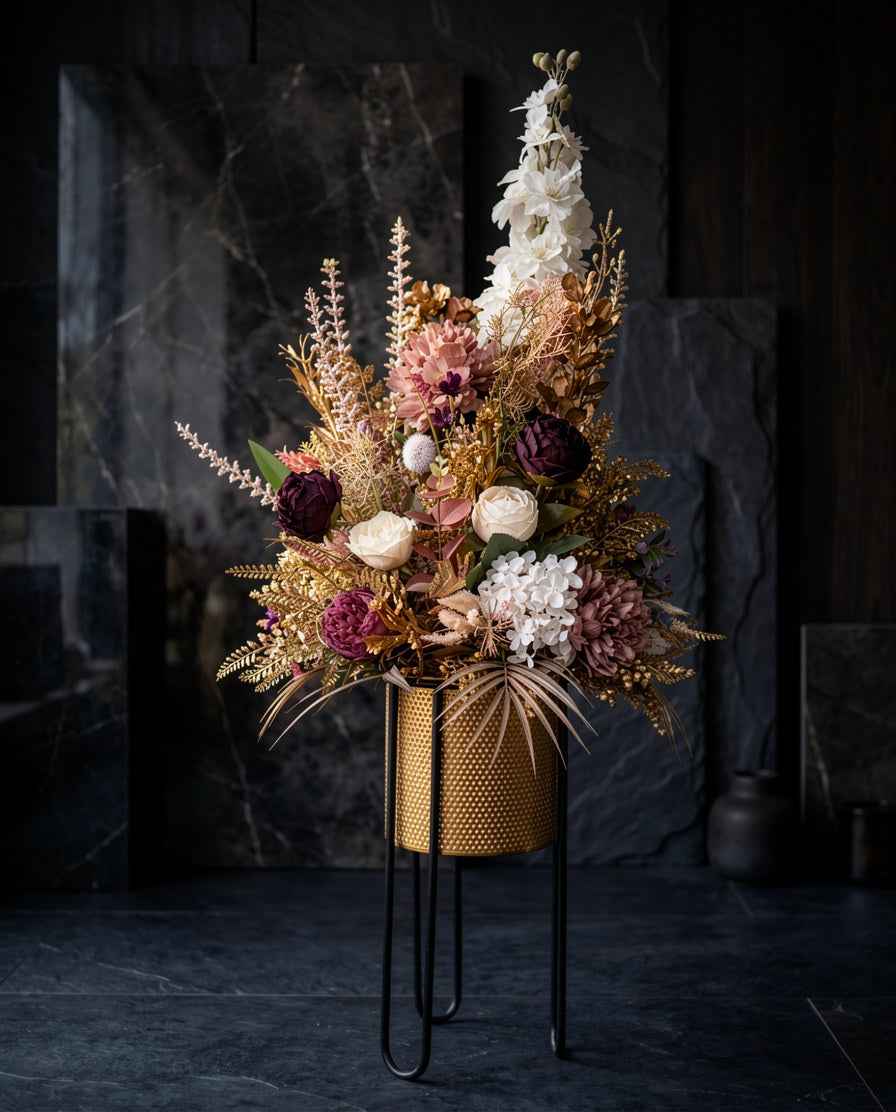 Luxurious Floral Arrangement in Gold Mesh Planter