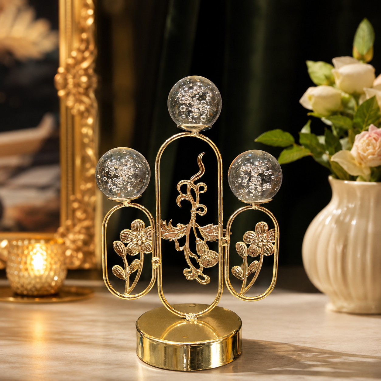 Gold Decorative Glass Globe Flower Sculpture - Home Decor Pakistan  | Decor Lounge pk