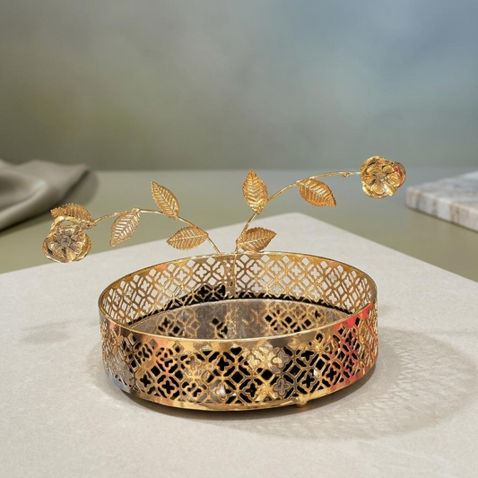 Gold Metallic Round Mirror Centerpiece Tray - Luxury Tabletop Decor &Jewelry Display - Home Decor Pakistan  | Decor Lounge pk