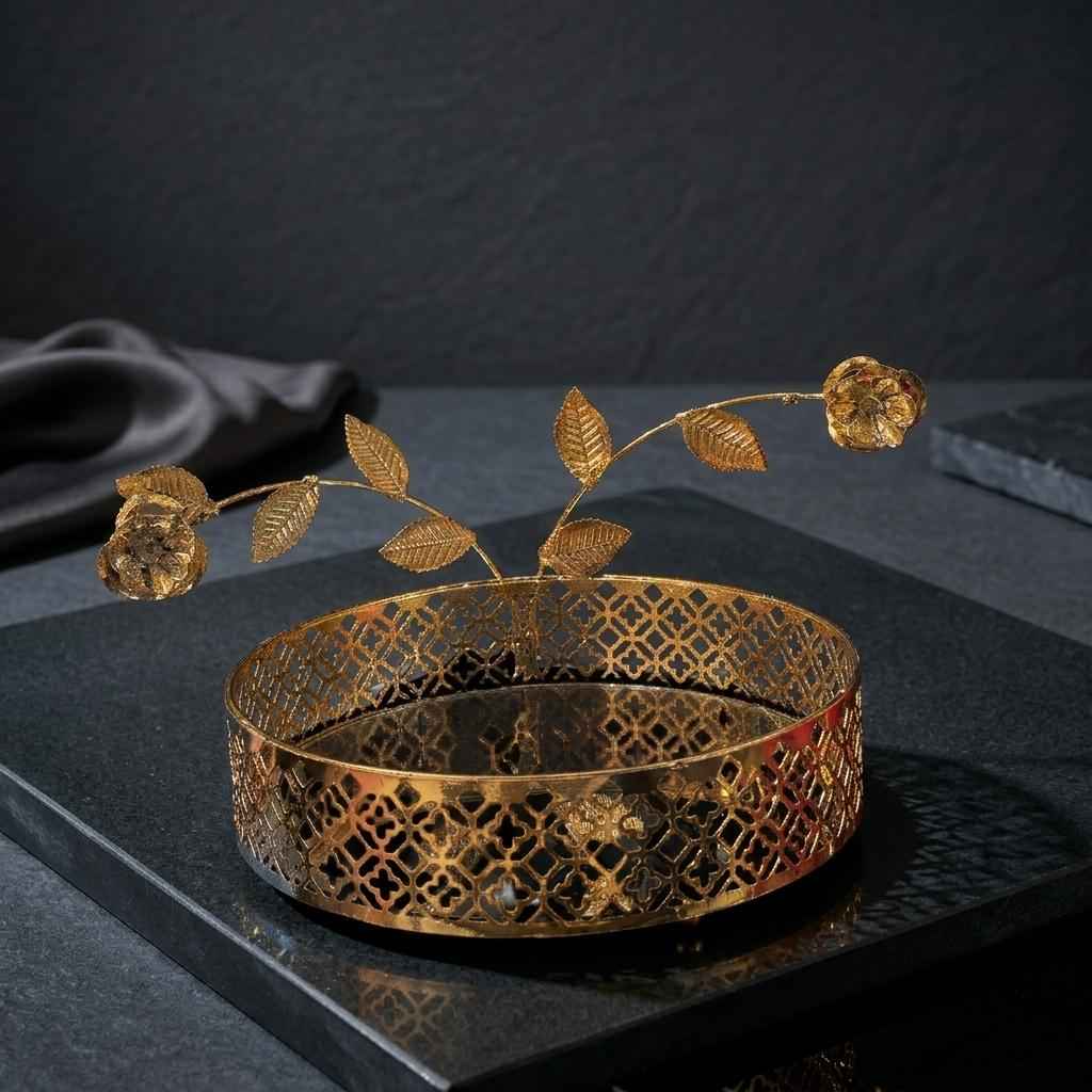 Gold Metallic Round Mirror Centerpiece Tray - Luxury Tabletop Decor &Jewelry Display