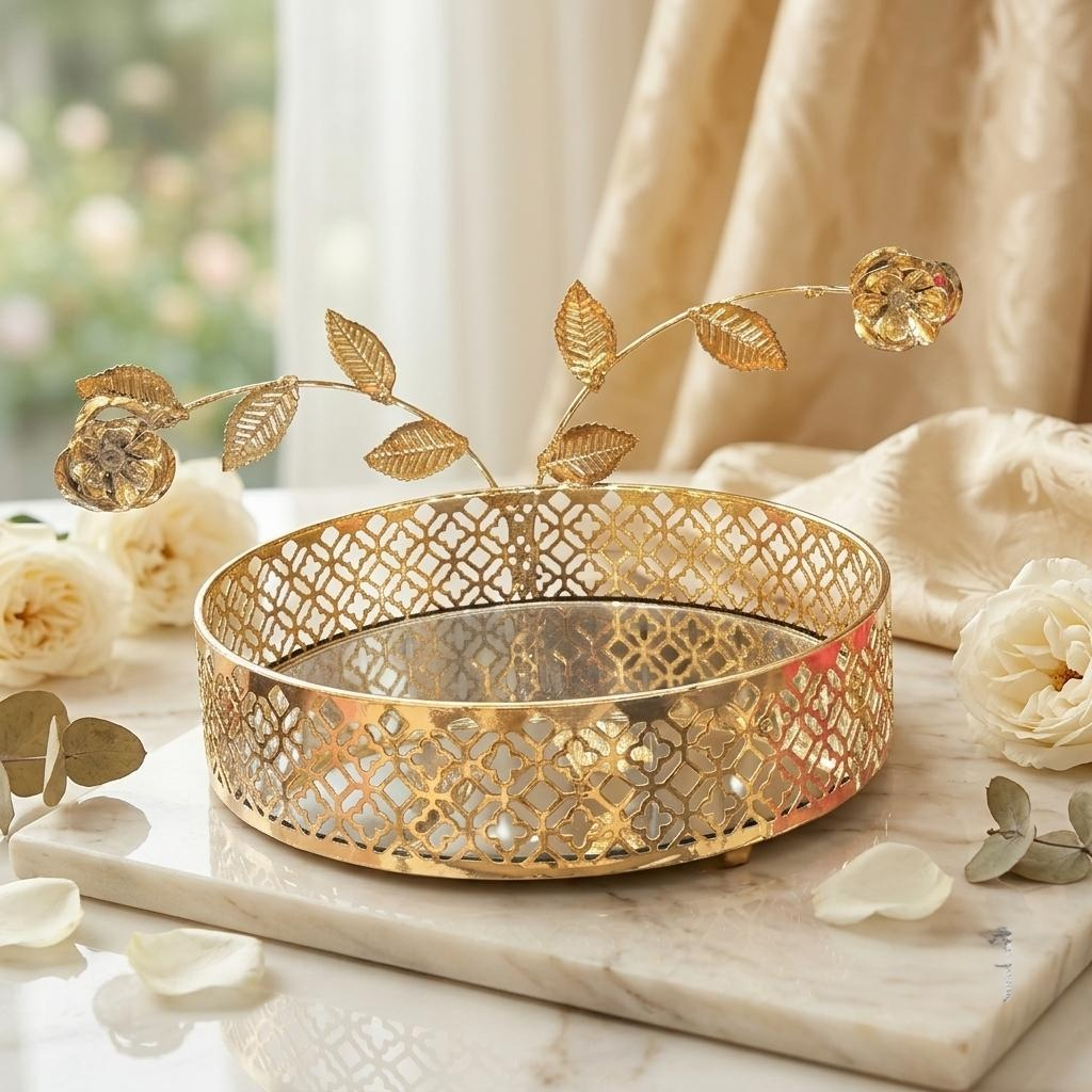 Gold Metallic Round Mirror Centerpiece Tray - Luxury Tabletop Decor &Jewelry Display - Home Decor Pakistan  | Decor Lounge pk
