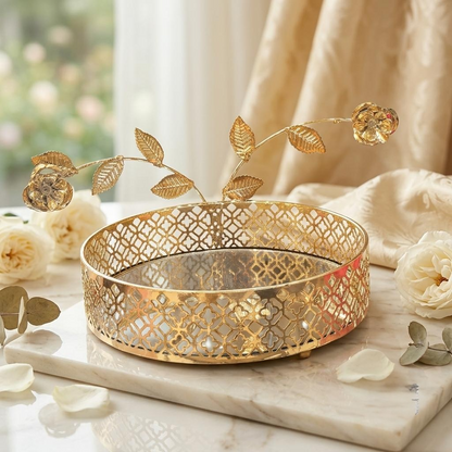 Gold Metallic Round Mirror Centerpiece Tray - Luxury Tabletop Decor &Jewelry Display - Home Decor Pakistan  | Decor Lounge pk