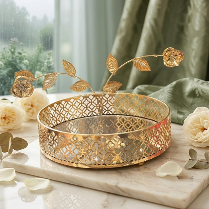 Gold Metallic Round Mirror Centerpiece Tray - Luxury Tabletop Decor &Jewelry Display - Home Decor Pakistan  | Decor Lounge pk