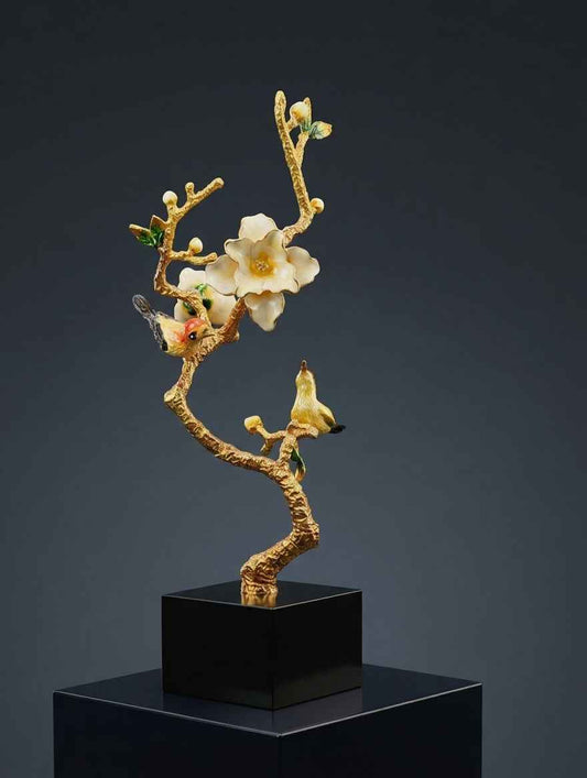 Handcrafted Enamel Plum Blossom & Hummingbird – Sculptural Décor