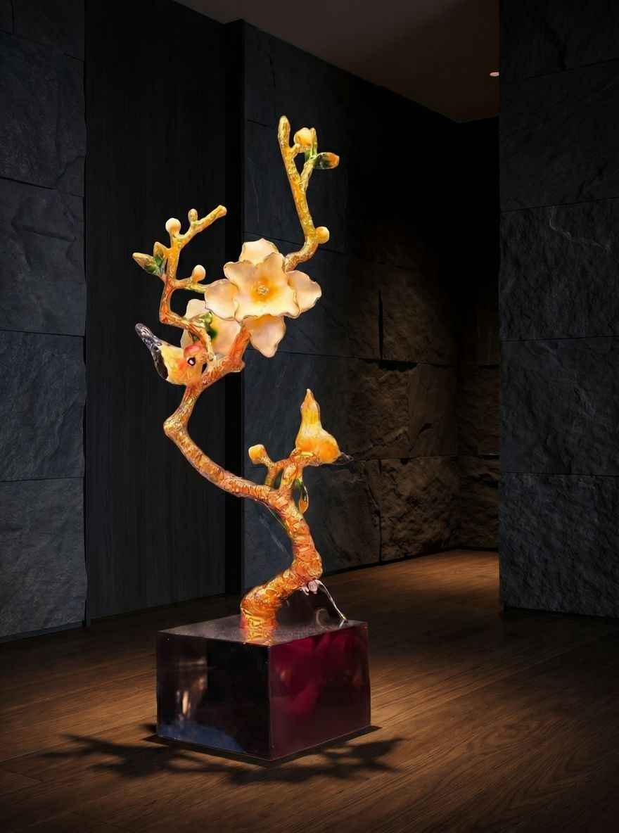 Handcrafted Enamel Plum Blossom & Hummingbird – Sculptural Décor