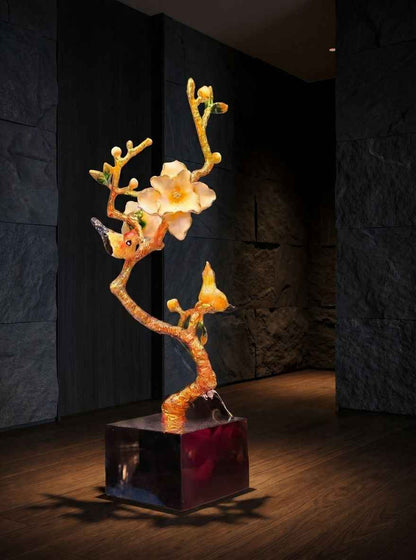 Handcrafted Enamel Plum Blossom & Hummingbird – Sculptural Décor