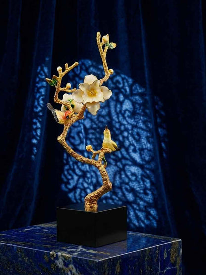 Handcrafted Enamel Plum Blossom & Hummingbird – Sculptural Décor