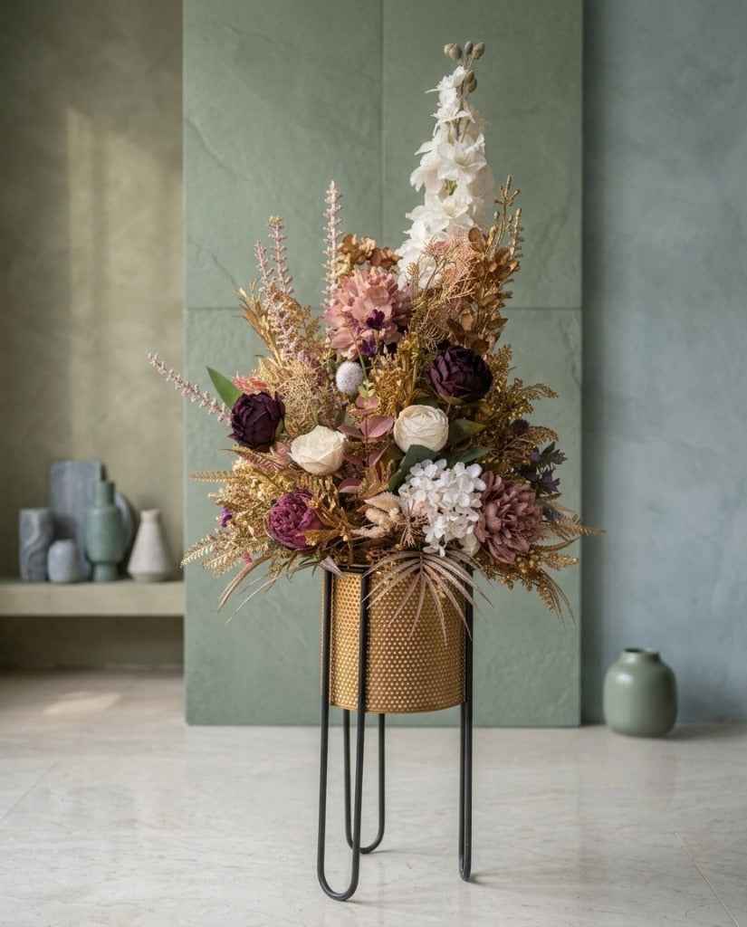 Luxurious Floral Arrangement in Gold Mesh Planter