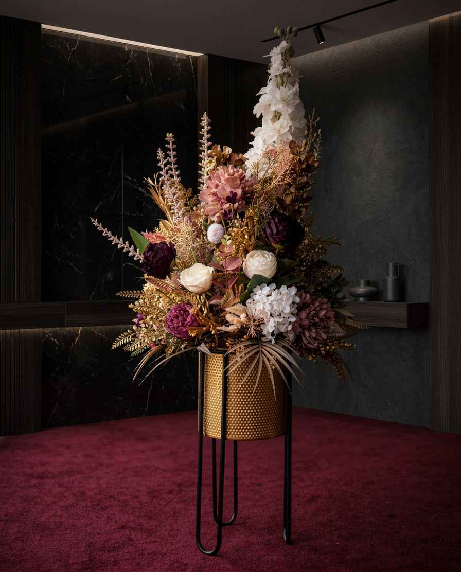 Luxurious Floral Arrangement in Gold Mesh Planter