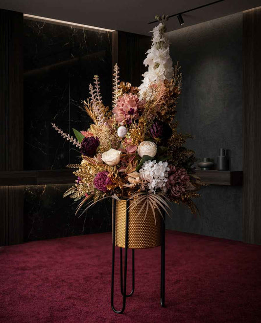 Luxurious Floral Arrangement in Gold Mesh Planter