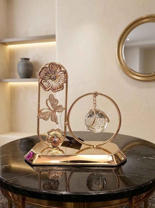 Luxury Gold Butterfly and Floral Sculpture with Hanging Crystal Sphere