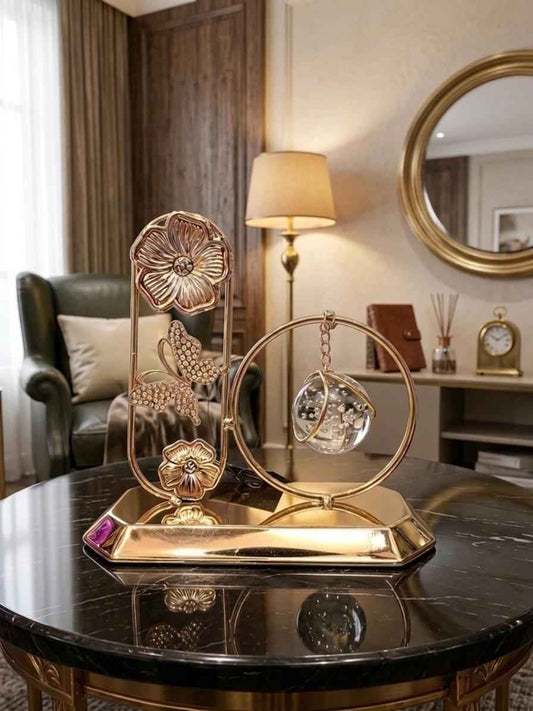 Luxury Gold Butterfly and Floral Sculpture with Hanging Crystal Sphere