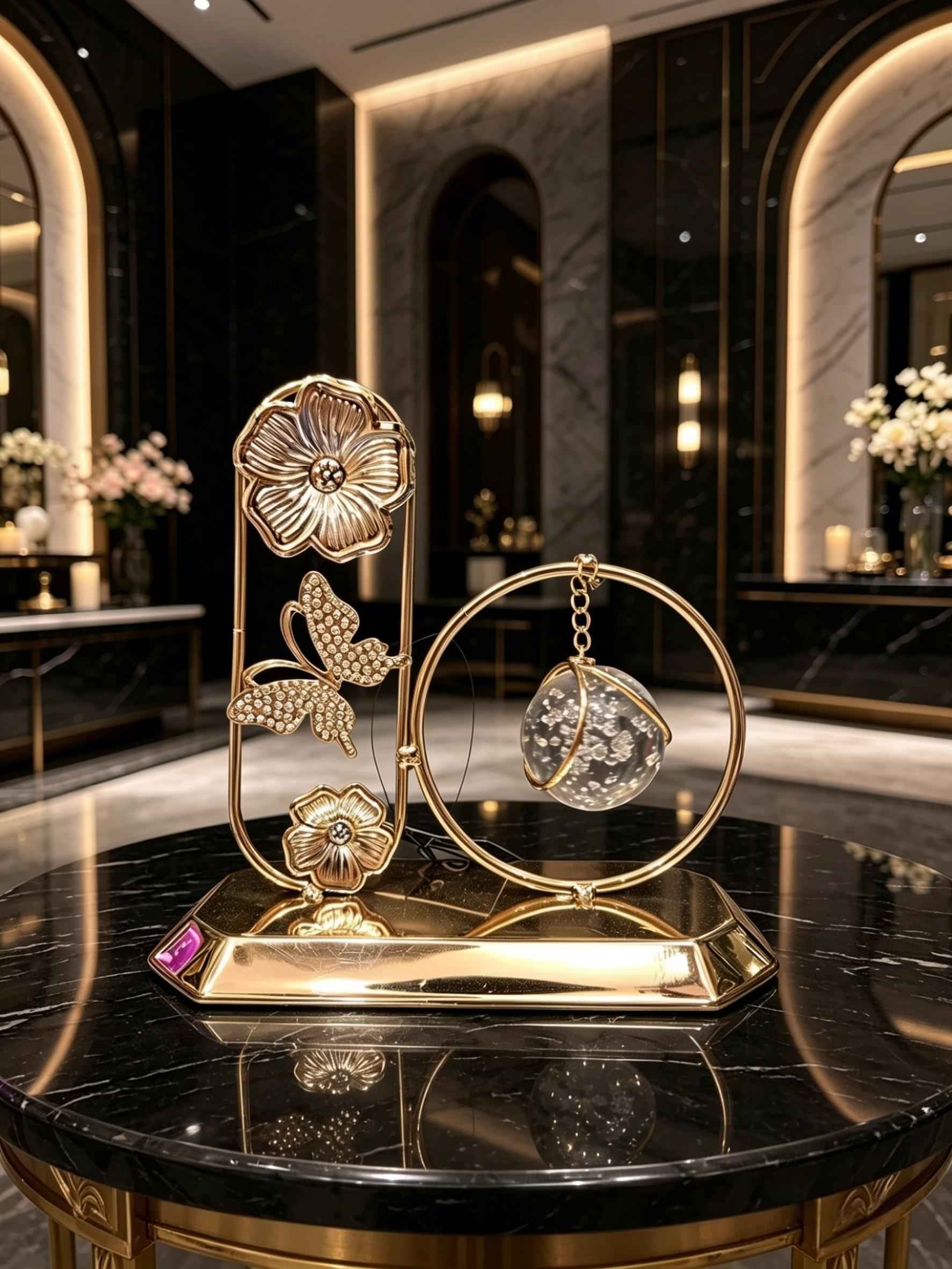 Luxury Gold Butterfly and Floral Sculpture with Hanging Crystal Sphere