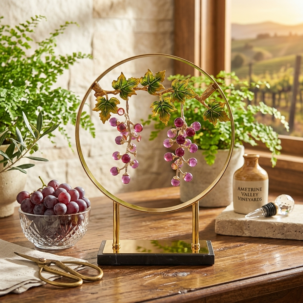 Luxury Gold Grapevine Metal Sculpture with Enamel Grapes