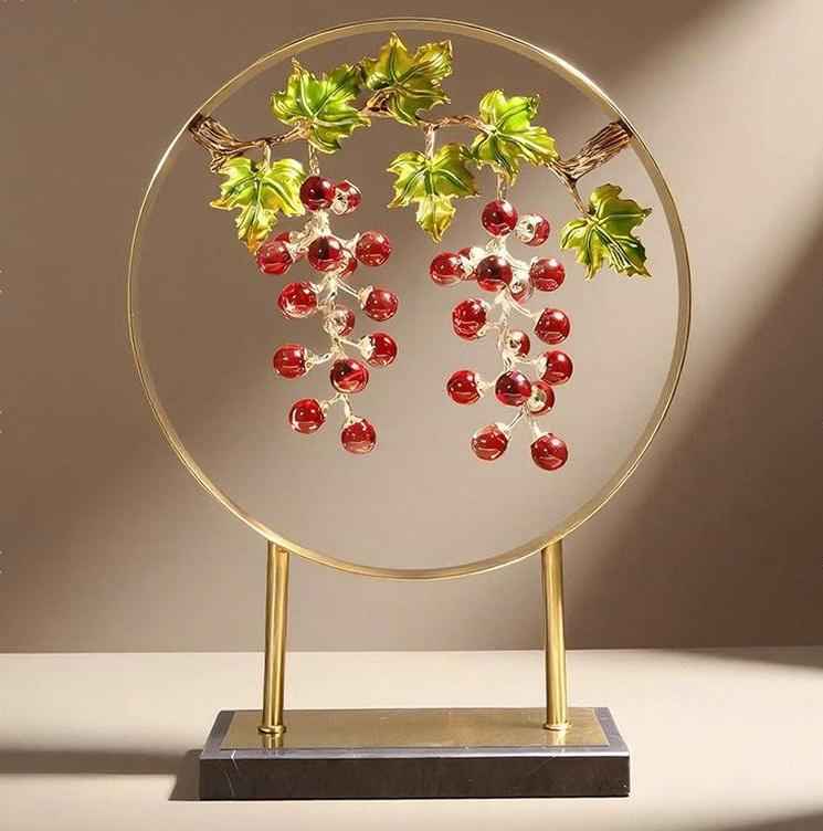 Luxury Gold Grapevine Metal Sculpture with Enamel Grapes