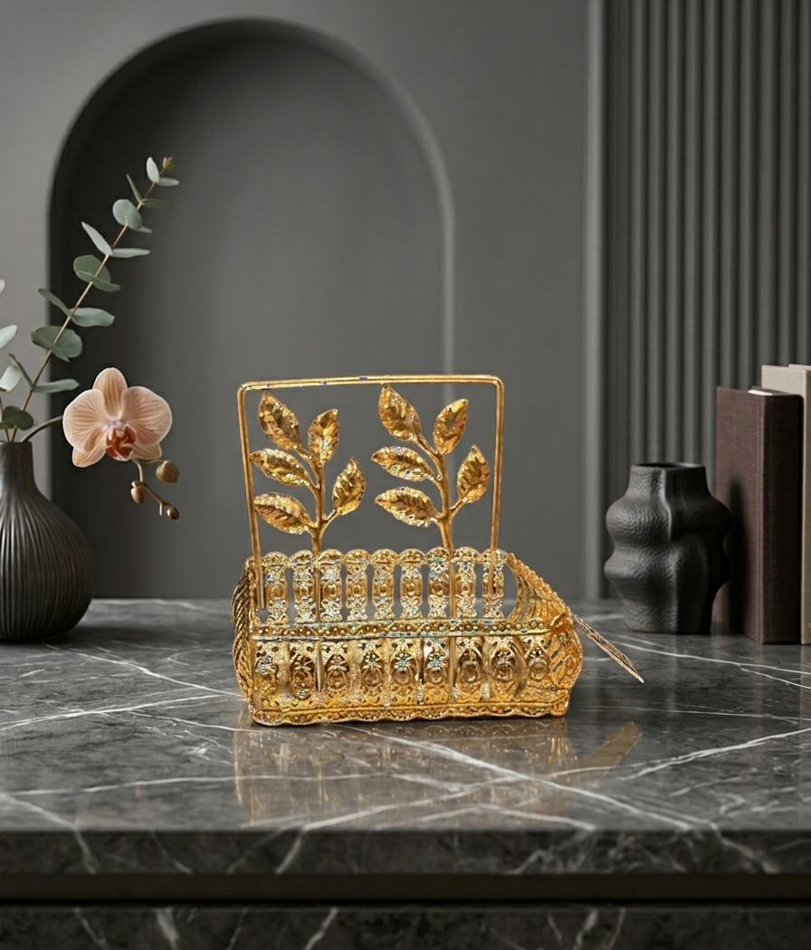 Luxury Gold Leaf Metal Tissue Holder Basket