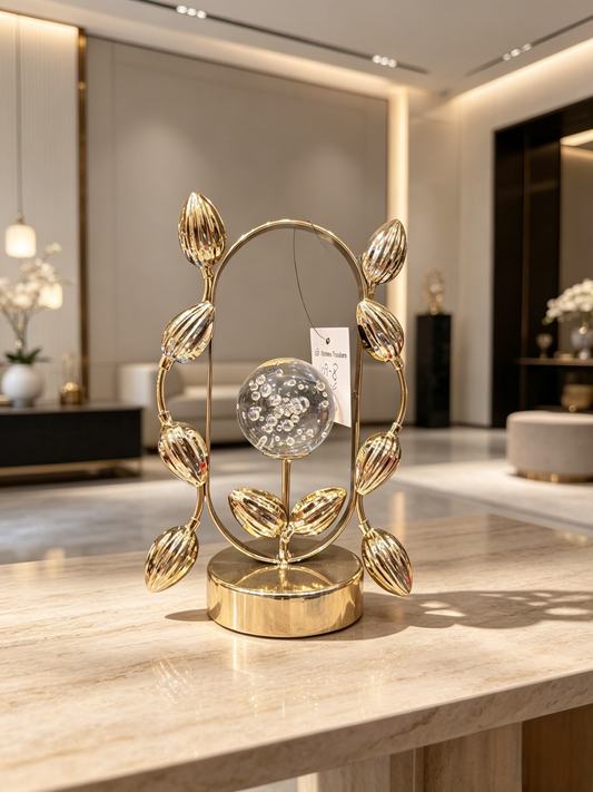 Luxury Gold Leaf Oval Sculpture with Bubble Glass Sphere