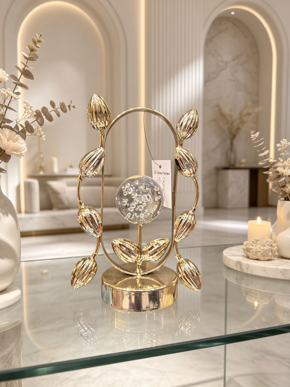 Luxury Gold Leaf Oval Sculpture with Bubble Glass Sphere