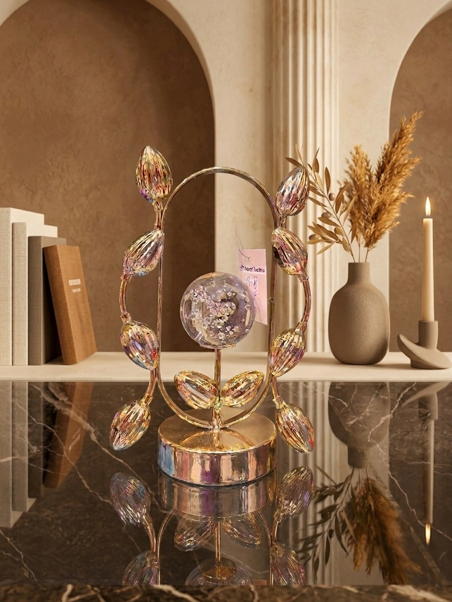 Luxury Gold Leaf Oval Sculpture with Bubble Glass Sphere