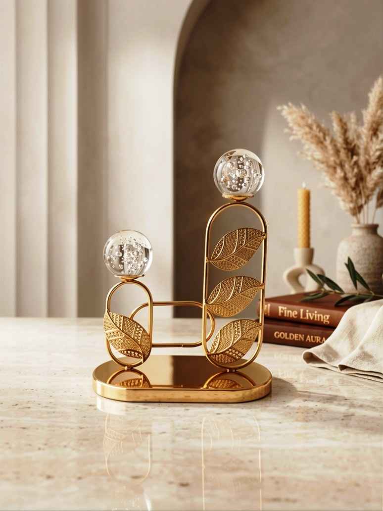 Luxury Gold Leaf Tiered Sculpture with Bubble Glass Spheres