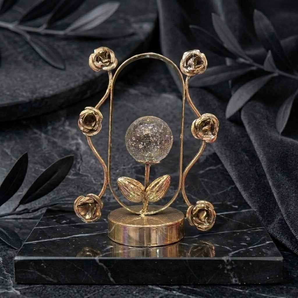 Luxury Gold Rose Bud Oval Sculpture with Bubble Glass Sphere