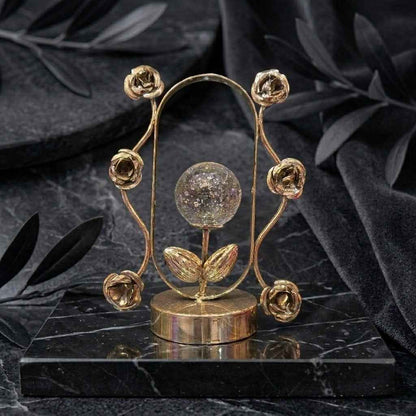 Luxury Gold Rose Bud Oval Sculpture with Bubble Glass Sphere