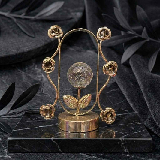 Luxury Gold Rose Bud Oval Sculpture with Bubble Glass Sphere