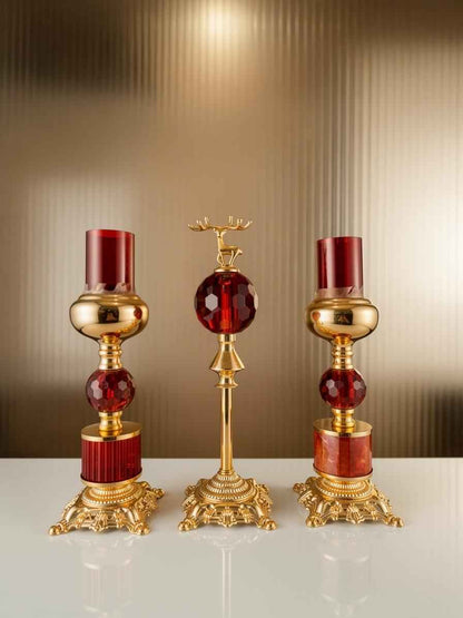 Luxury Ruby Red Crystal Candle Holder & Stag Centerpiece Set (3-Piece)